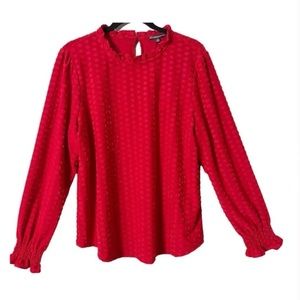 Red Long Sleeve Textured Jaquard Ruffle Blouse - Adrianna Papell